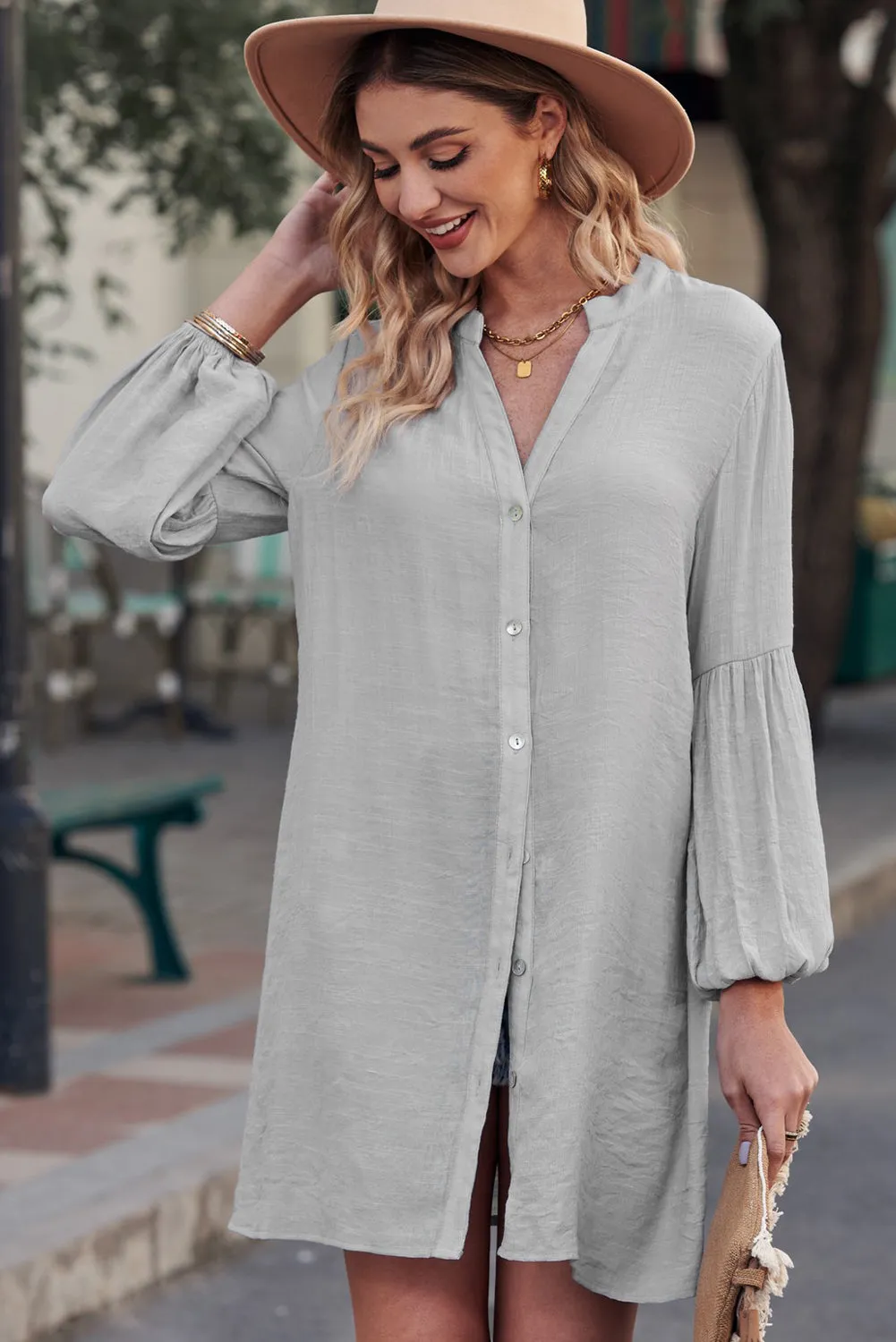 Womens Long Sleeve Oversized Blouses Tops Button Up Bishop Sleeve Shirt
