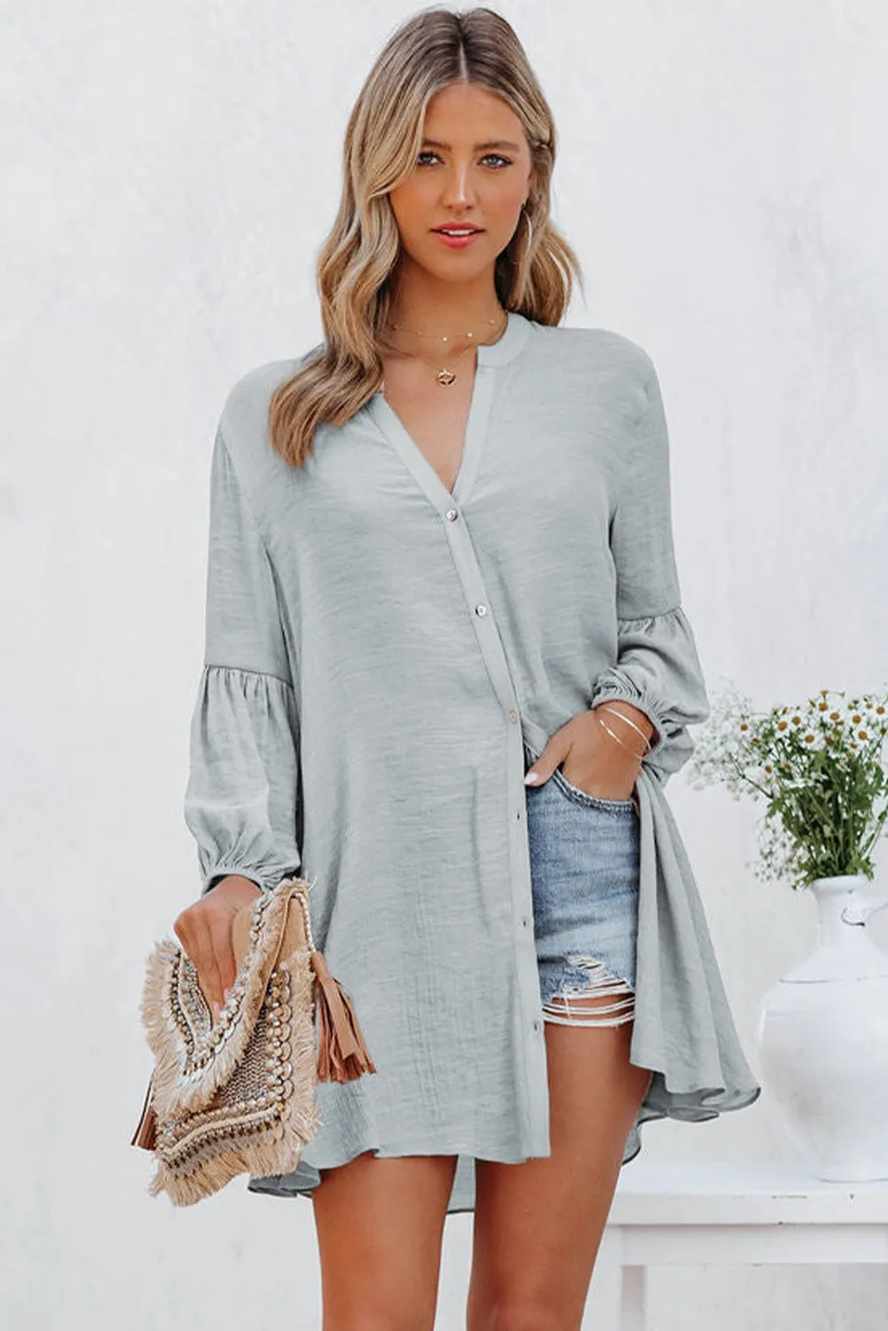 Womens Long Sleeve Oversized Blouses Tops Button Up Bishop Sleeve Shirt