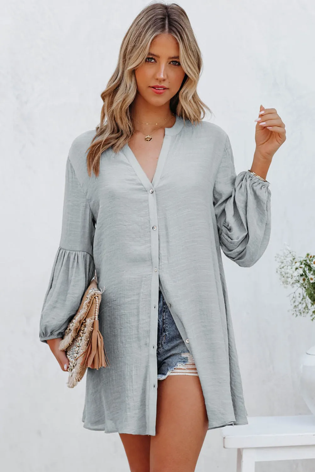Womens Long Sleeve Oversized Blouses Tops Button Up Bishop Sleeve Shirt