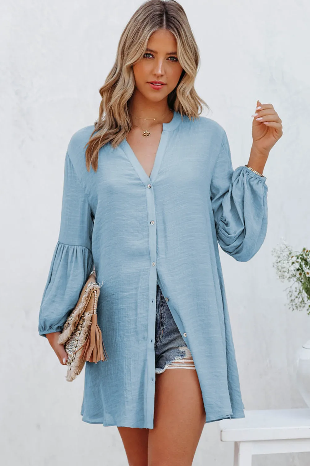Womens Long Sleeve Oversized Blouses Tops Button Up Bishop Sleeve Shirt