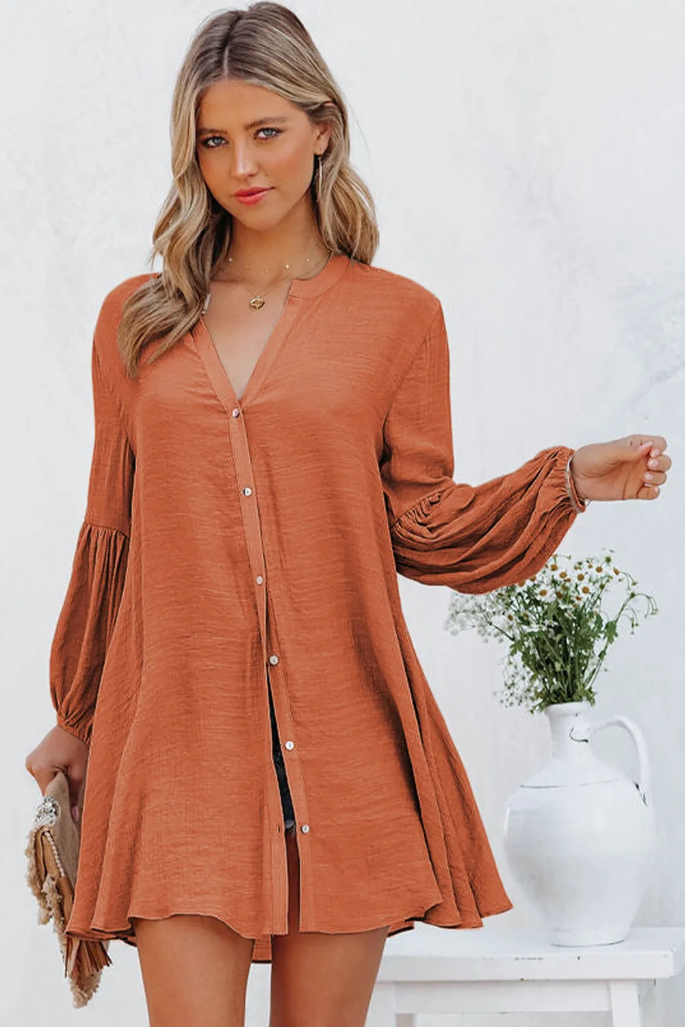 Womens Long Sleeve Oversized Blouses Tops Button Up Bishop Sleeve Shirt