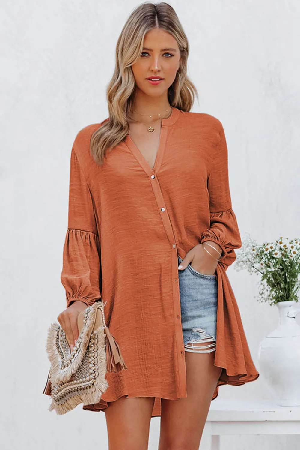 Womens Long Sleeve Oversized Blouses Tops Button Up Bishop Sleeve Shirt