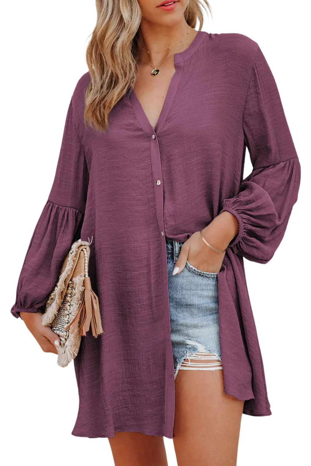 Womens Long Sleeve Oversized Blouses Tops Button Up Bishop Sleeve Shirt