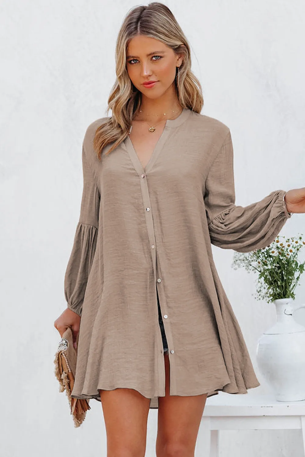 Womens Long Sleeve Oversized Blouses Tops Button Up Bishop Sleeve Shirt