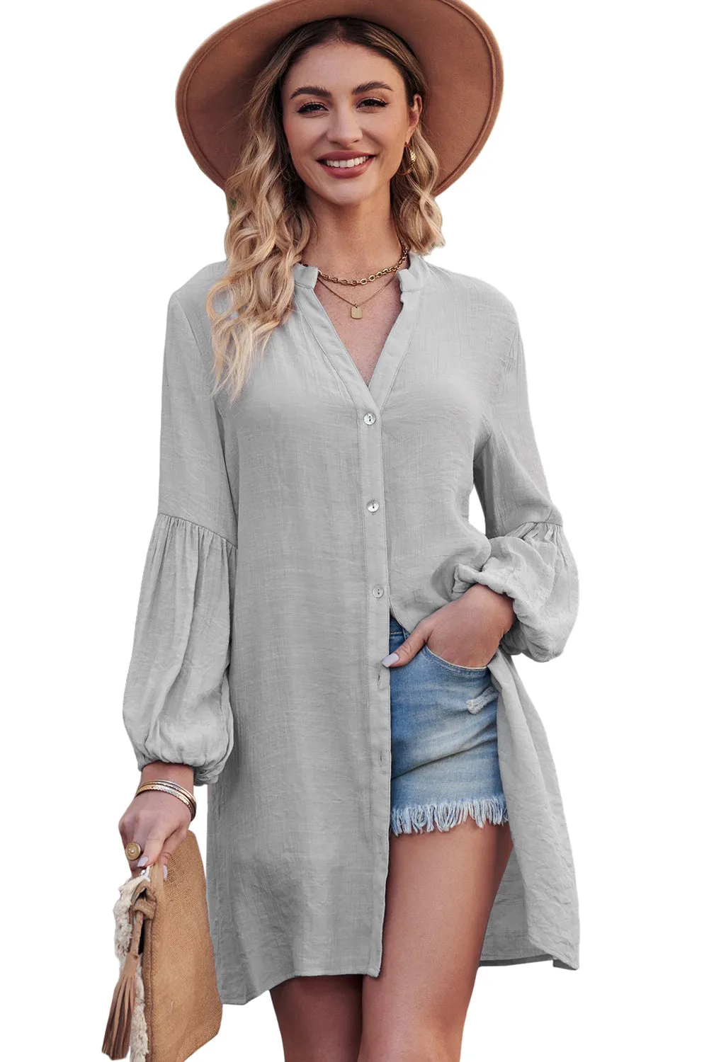 Womens Long Sleeve Oversized Blouses Tops Button Up Bishop Sleeve Shirt