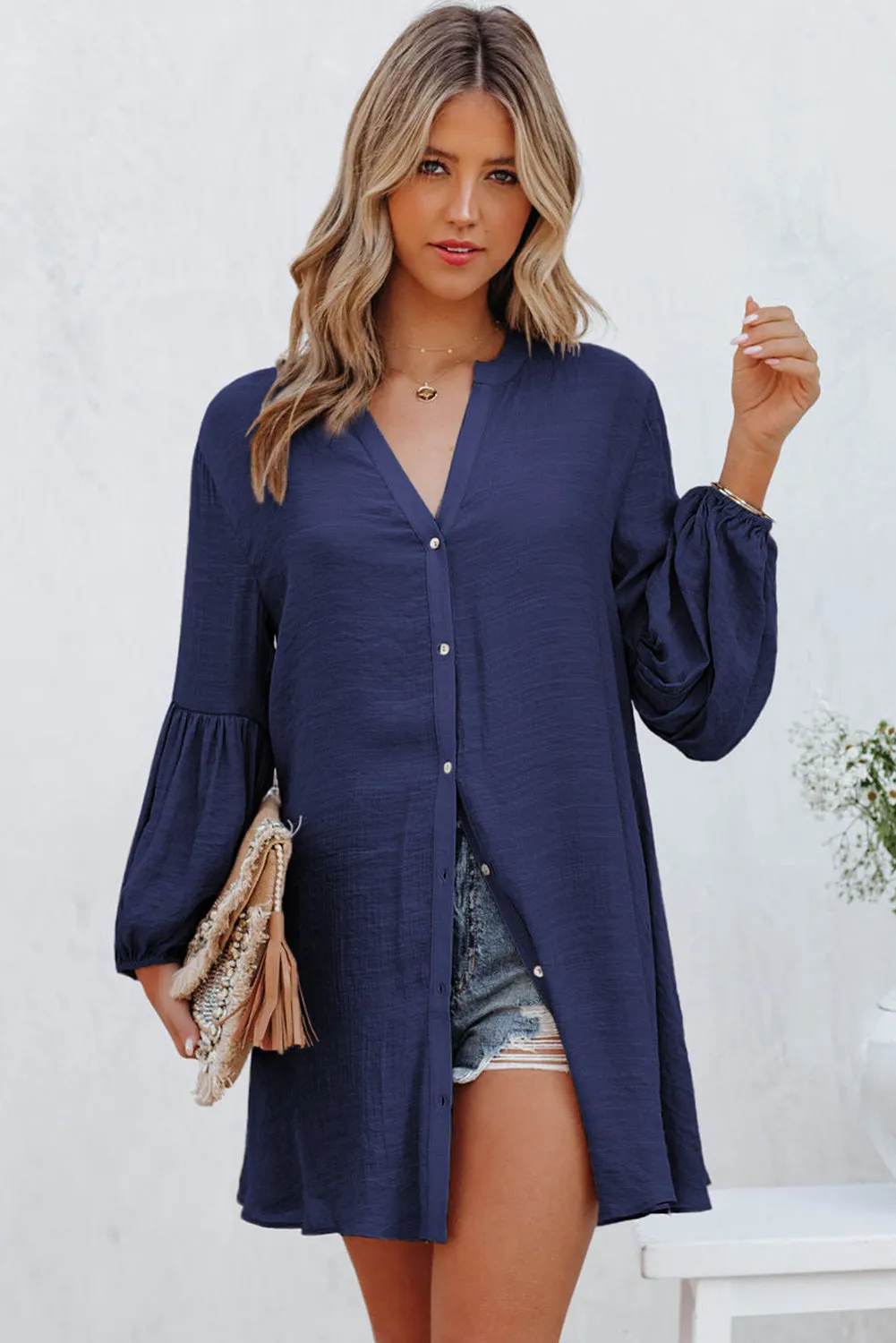 Womens Long Sleeve Oversized Blouses Tops Button Up Bishop Sleeve Shirt