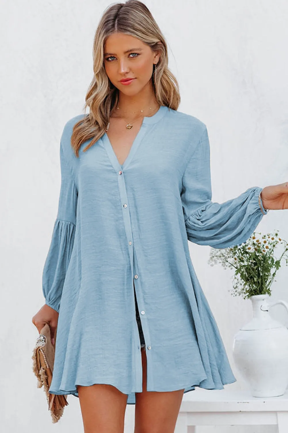 Womens Long Sleeve Oversized Blouses Tops Button Up Bishop Sleeve Shirt