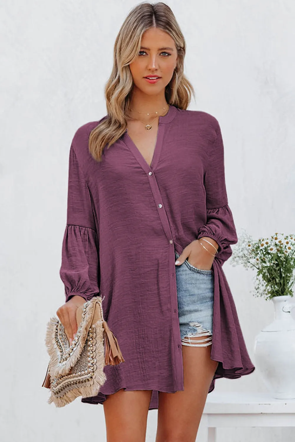 Womens Long Sleeve Oversized Blouses Tops Button Up Bishop Sleeve Shirt