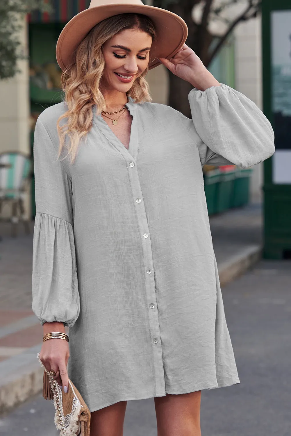 Womens Long Sleeve Oversized Blouses Tops Button Up Bishop Sleeve Shirt