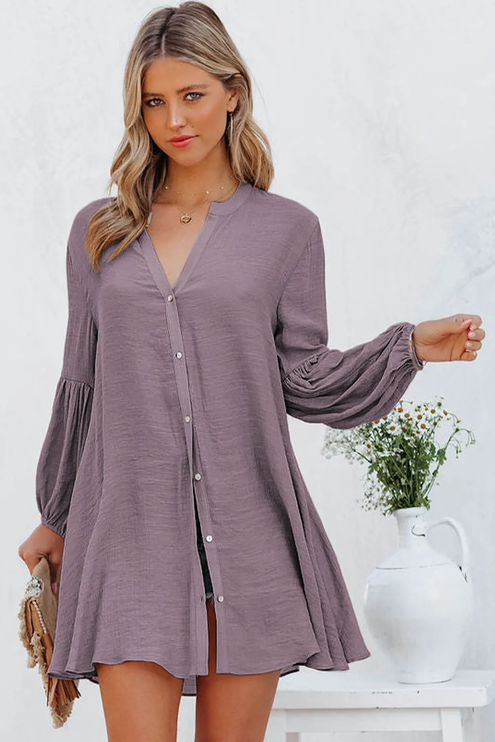 Womens Long Sleeve Oversized Blouses Tops Button Up Bishop Sleeve Shirt