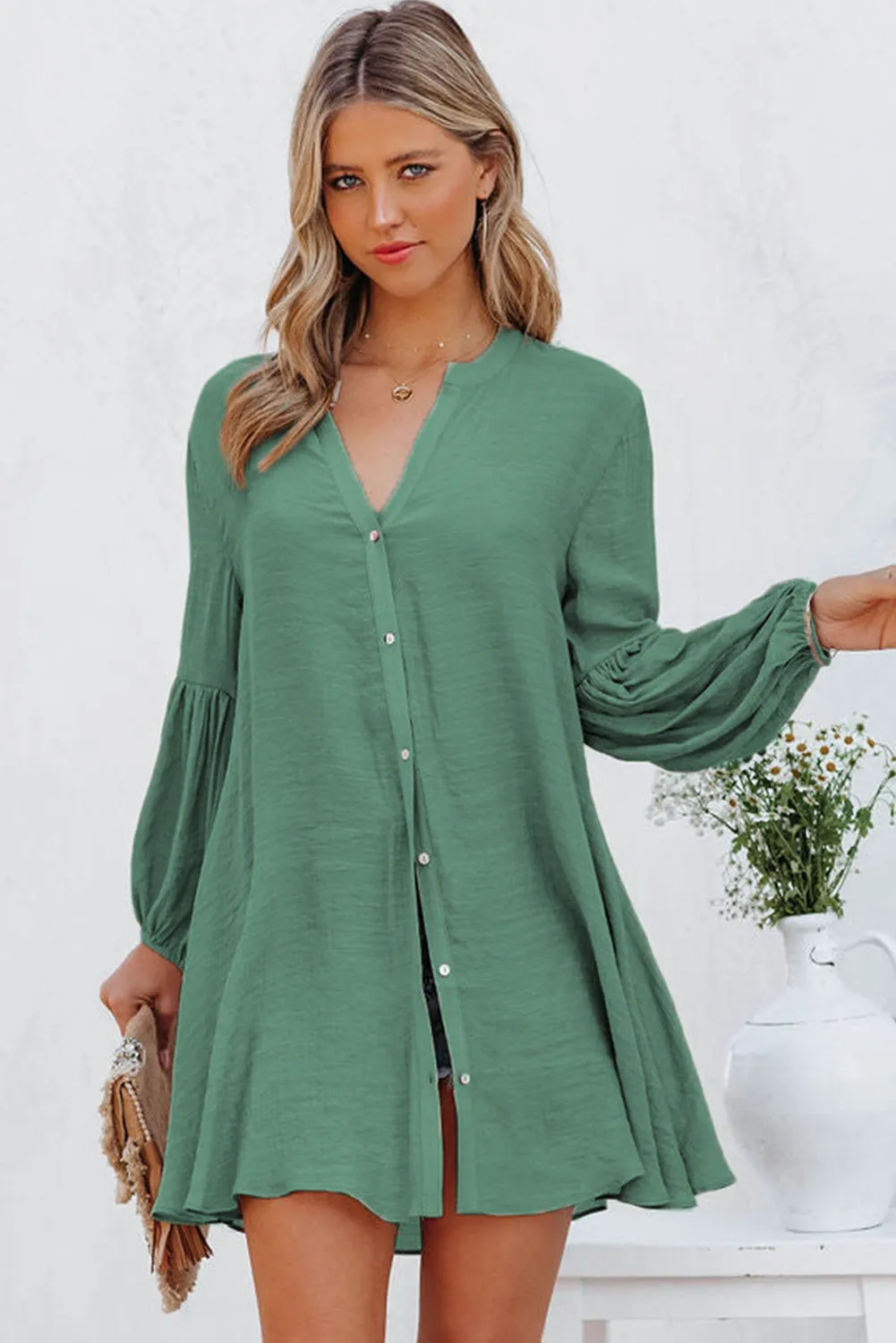 Womens Long Sleeve Oversized Blouses Tops Button Up Bishop Sleeve Shirt