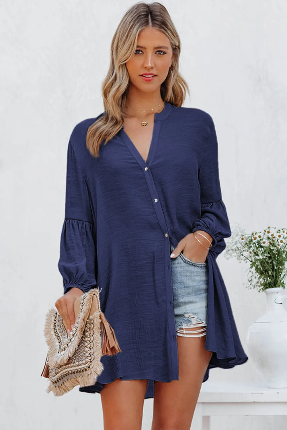 Womens Long Sleeve Oversized Blouses Tops Button Up Bishop Sleeve Shirt