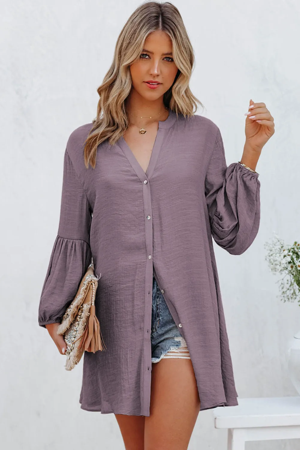 Womens Long Sleeve Oversized Blouses Tops Button Up Bishop Sleeve Shirt