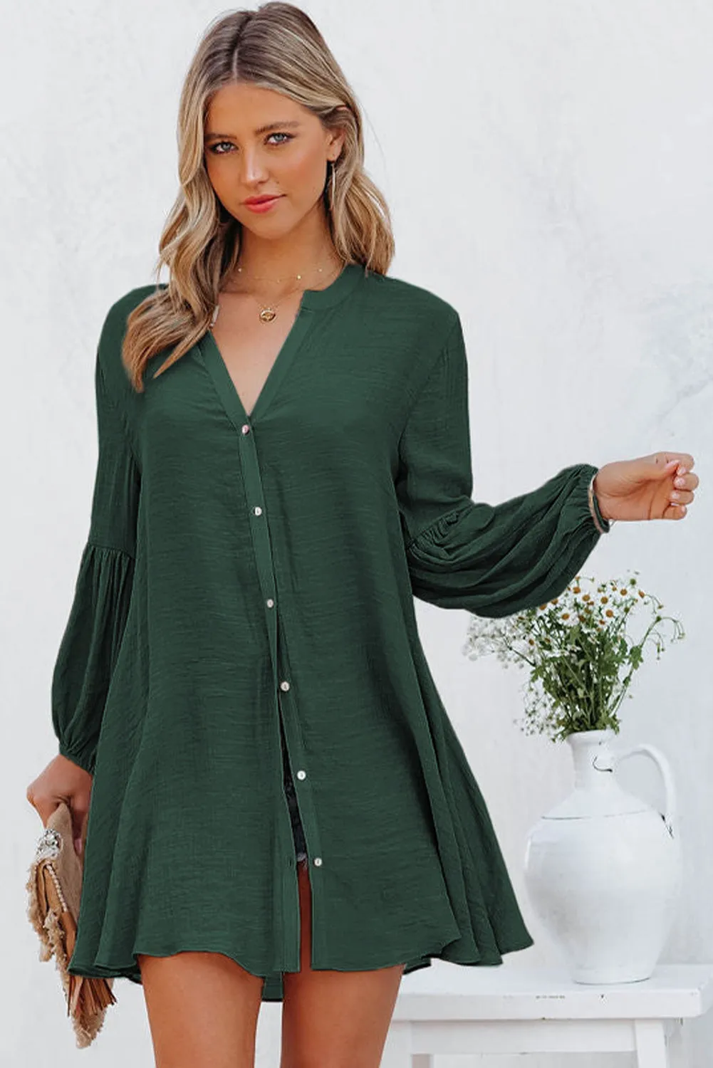 Womens Long Sleeve Oversized Blouses Tops Button Up Bishop Sleeve Shirt