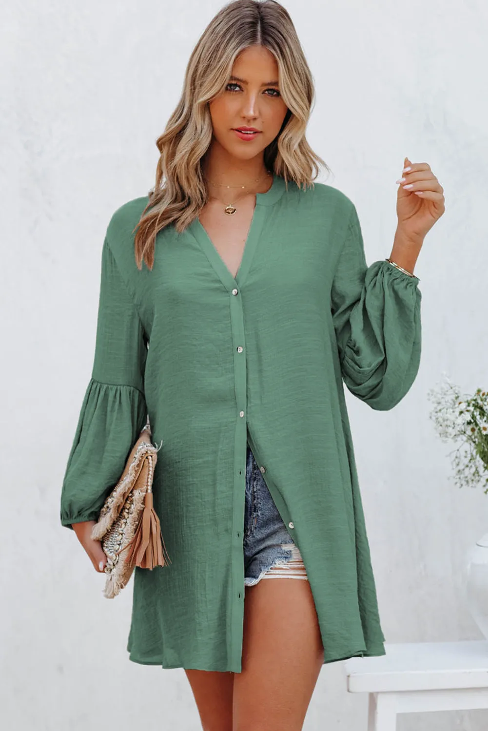 Womens Long Sleeve Oversized Blouses Tops Button Up Bishop Sleeve Shirt