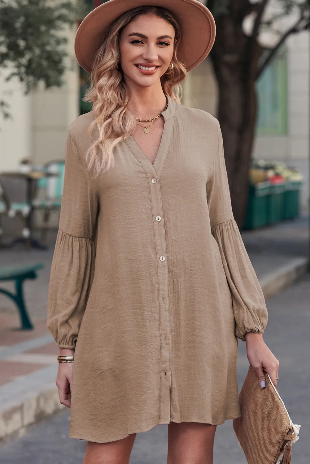 Womens Long Sleeve Oversized Blouses Tops Button Up Bishop Sleeve Shirt