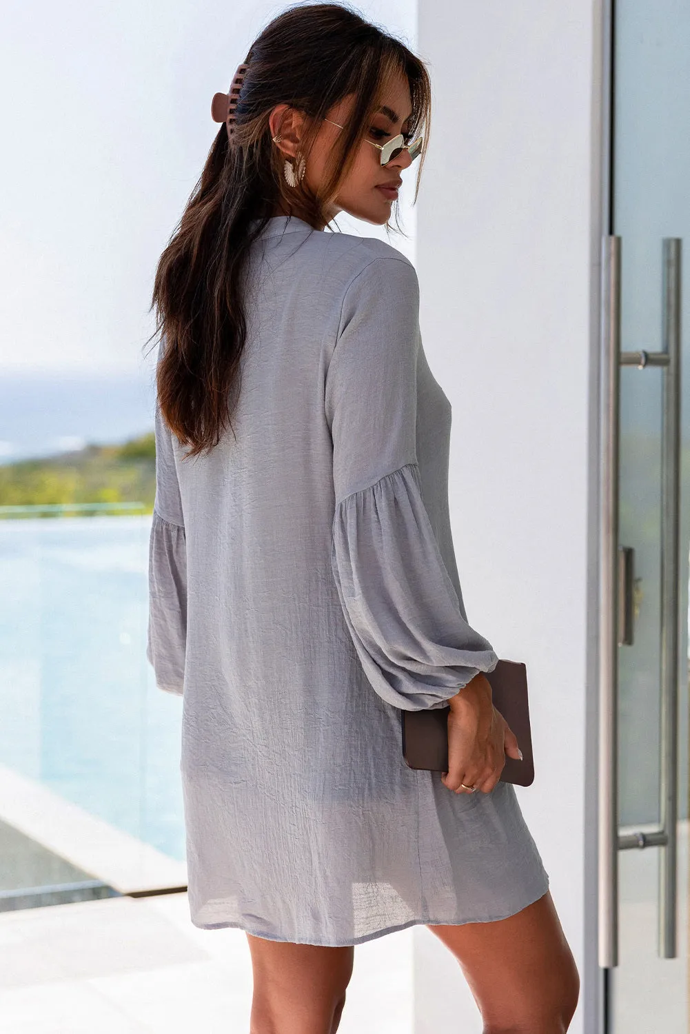 Womens Long Sleeve Oversized Blouses Tops Button Up Bishop Sleeve Shirt