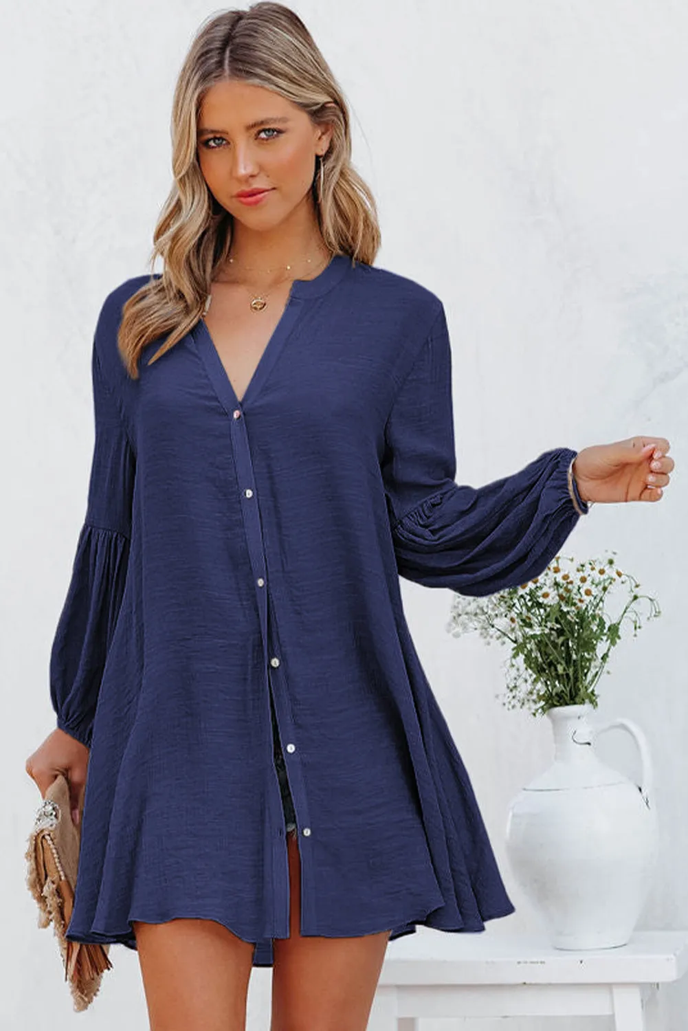 Womens Long Sleeve Oversized Blouses Tops Button Up Bishop Sleeve Shirt