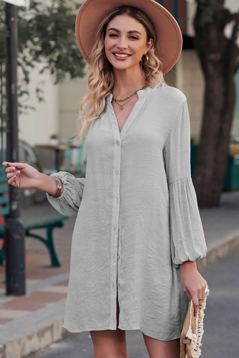 Womens Long Sleeve Oversized Blouses Tops Button Up Bishop Sleeve Shirt