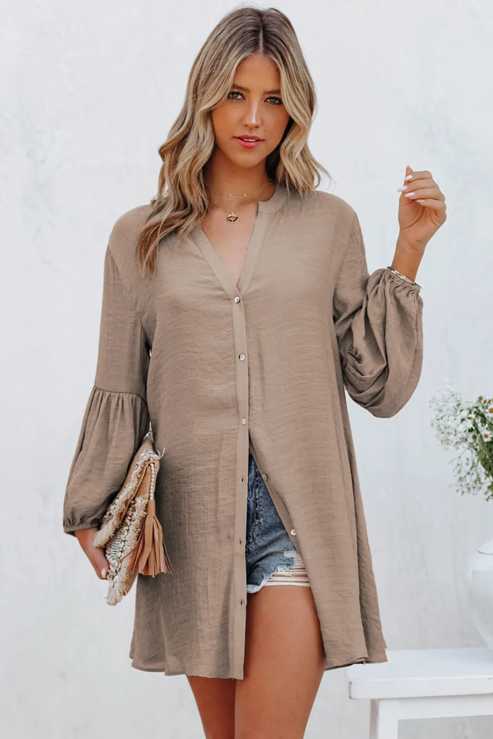 Womens Long Sleeve Oversized Blouses Tops Button Up Bishop Sleeve Shirt