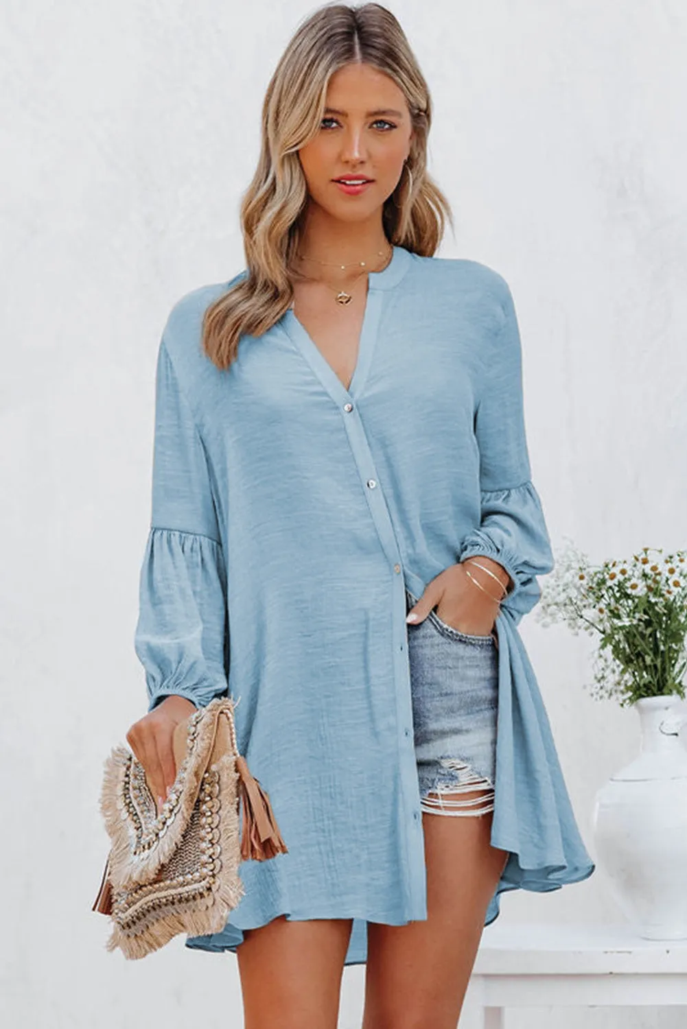 Womens Long Sleeve Oversized Blouses Tops Button Up Bishop Sleeve Shirt