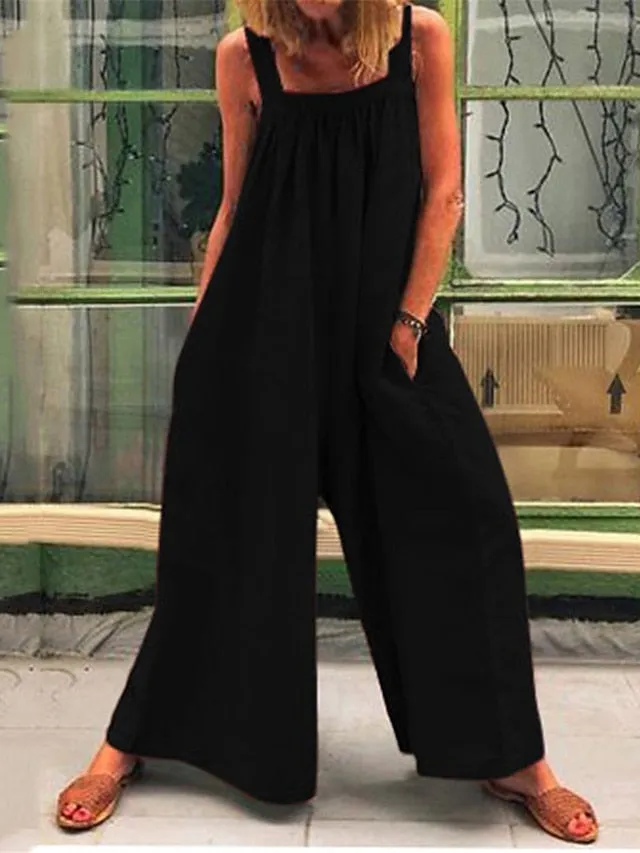Women's Overall Pocket Solid Color Square Neck Basic Daily Vacation Regular Fit Sleeveless Black Red Blue S M L Summer