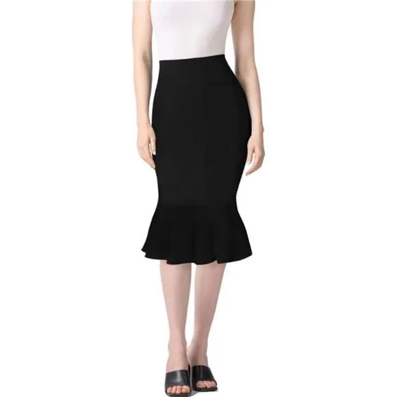 Womens Premium Nylon Ponte Stretch Office Fishtail Pencil Skirt Black