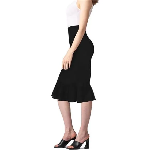 Womens Premium Nylon Ponte Stretch Office Fishtail Pencil Skirt Black