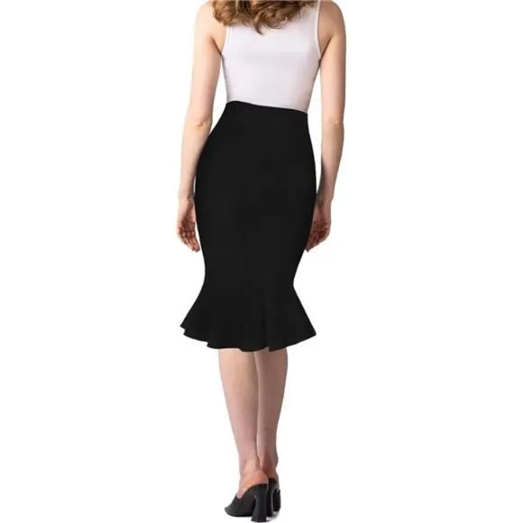 Womens Premium Nylon Ponte Stretch Office Fishtail Pencil Skirt Black