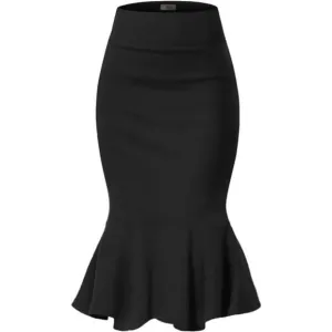 Womens Premium Nylon Ponte Stretch Office Fishtail Pencil Skirt Black