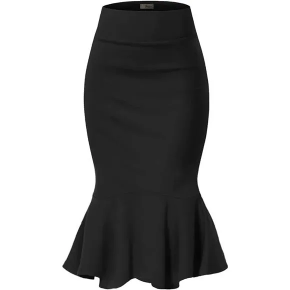 Womens Premium Nylon Ponte Stretch Office Fishtail Pencil Skirt Black
