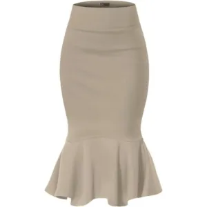 Womens Premium Nylon Ponte Stretch Office Fishtail Pencil Skirt khaki