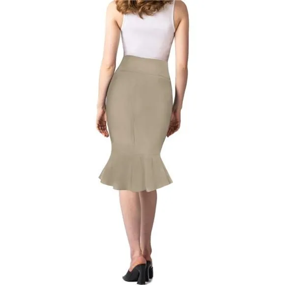 Womens Premium Nylon Ponte Stretch Office Fishtail Pencil Skirt khaki
