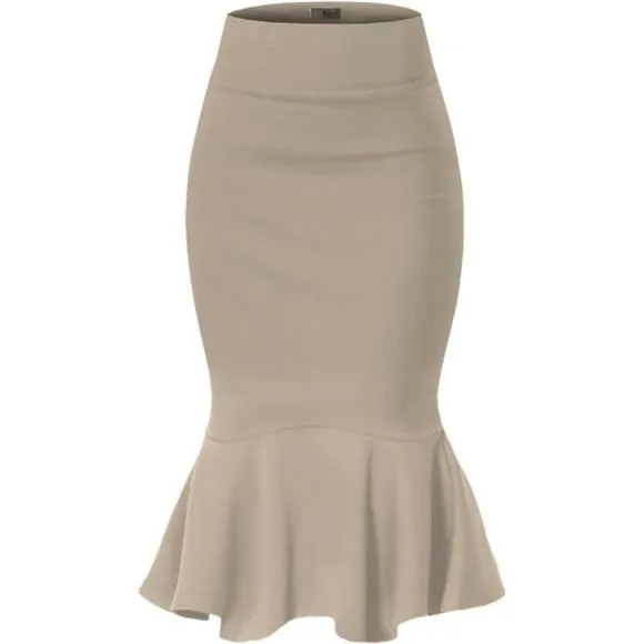 Womens Premium Nylon Ponte Stretch Office Fishtail Pencil Skirt khaki