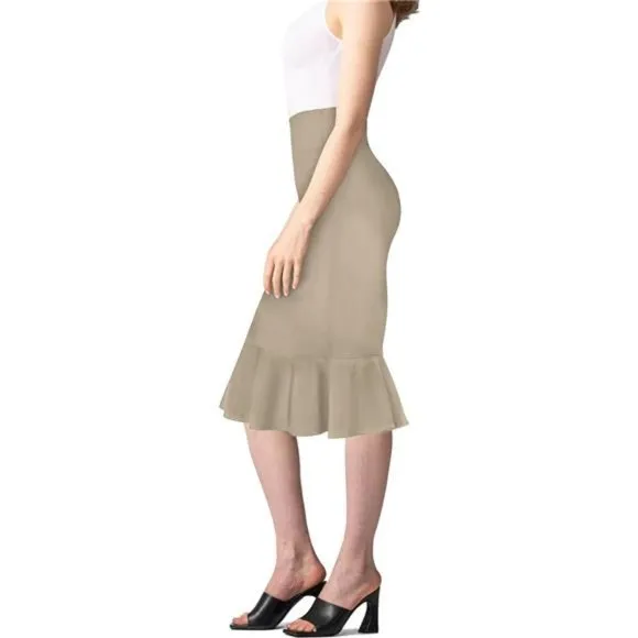Womens Premium Nylon Ponte Stretch Office Fishtail Pencil Skirt khaki