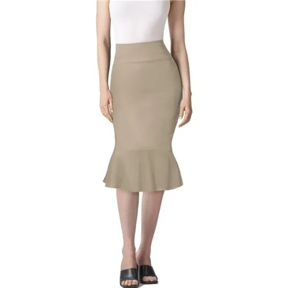 Womens Premium Nylon Ponte Stretch Office Fishtail Pencil Skirt khaki
