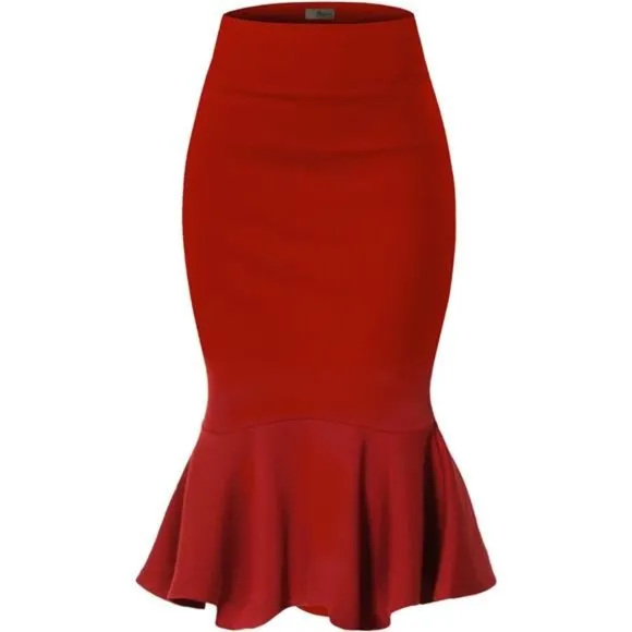 Womens Premium Nylon Ponte Stretch Office Fishtail Pencil Skirt red