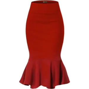 Womens Premium Nylon Ponte Stretch Office Fishtail Pencil Skirt red
