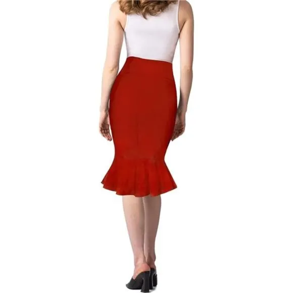 Womens Premium Nylon Ponte Stretch Office Fishtail Pencil Skirt red