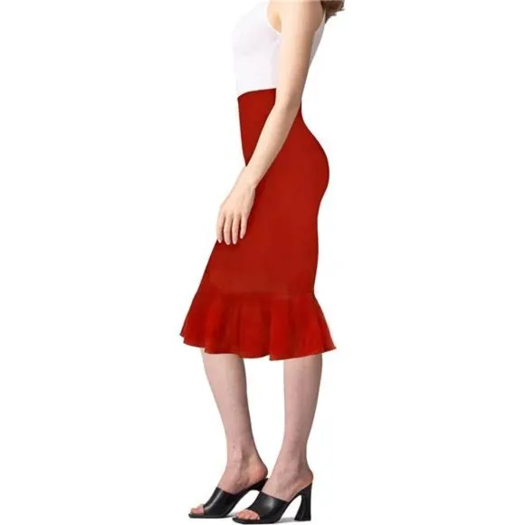 Womens Premium Nylon Ponte Stretch Office Fishtail Pencil Skirt red