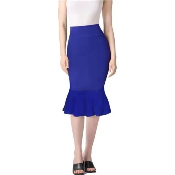 Womens Premium Nylon Ponte Stretch Office Fishtail Pencil Skirt royal