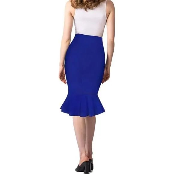 Womens Premium Nylon Ponte Stretch Office Fishtail Pencil Skirt royal