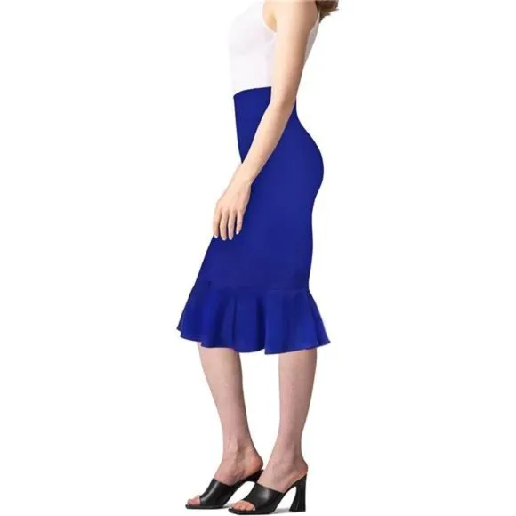 Womens Premium Nylon Ponte Stretch Office Fishtail Pencil Skirt royal