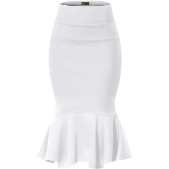 Womens Premium Nylon Ponte Stretch Office Fishtail Pencil Skirt white
