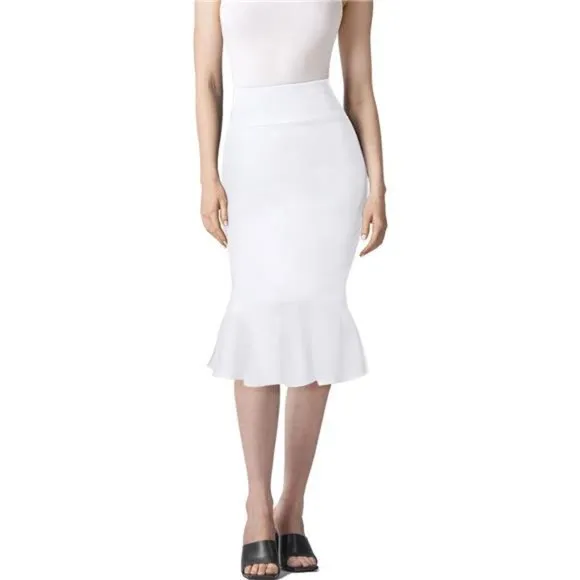 Womens Premium Nylon Ponte Stretch Office Fishtail Pencil Skirt white