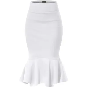 Womens Premium Nylon Ponte Stretch Office Fishtail Pencil Skirt white