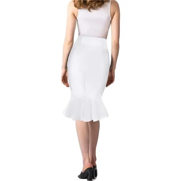 Womens Premium Nylon Ponte Stretch Office Fishtail Pencil Skirt white