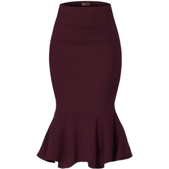 Womens Premium Nylon Ponte Stretch Office Fishtail Pencil Skirt wine