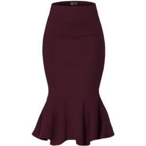 Womens Premium Nylon Ponte Stretch Office Fishtail Pencil Skirt wine