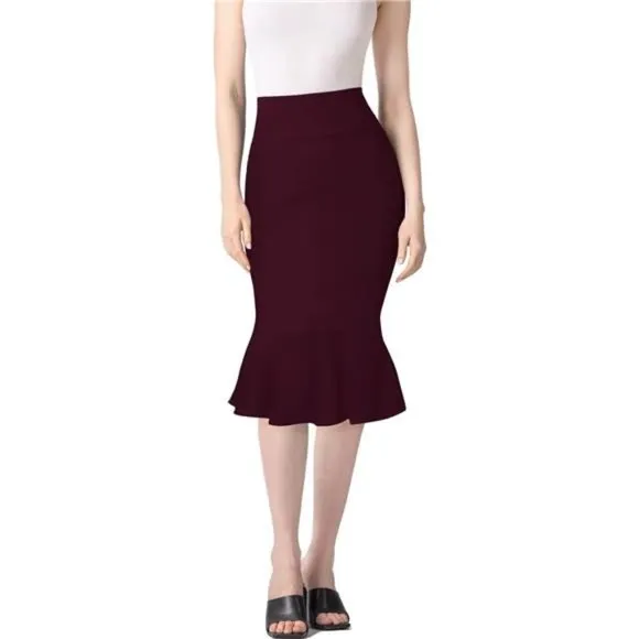 Womens Premium Nylon Ponte Stretch Office Fishtail Pencil Skirt wine